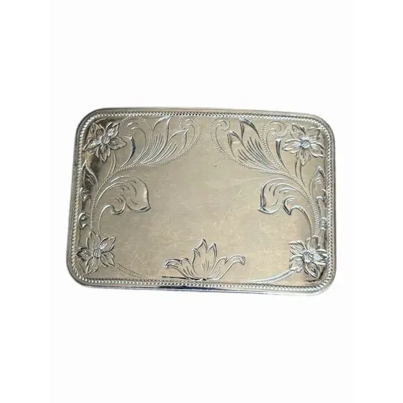 Vintage Belt Buckle Faux Silver with Flower Etching Unbranded 3 1/4 x 2” - Picture 5 of 7